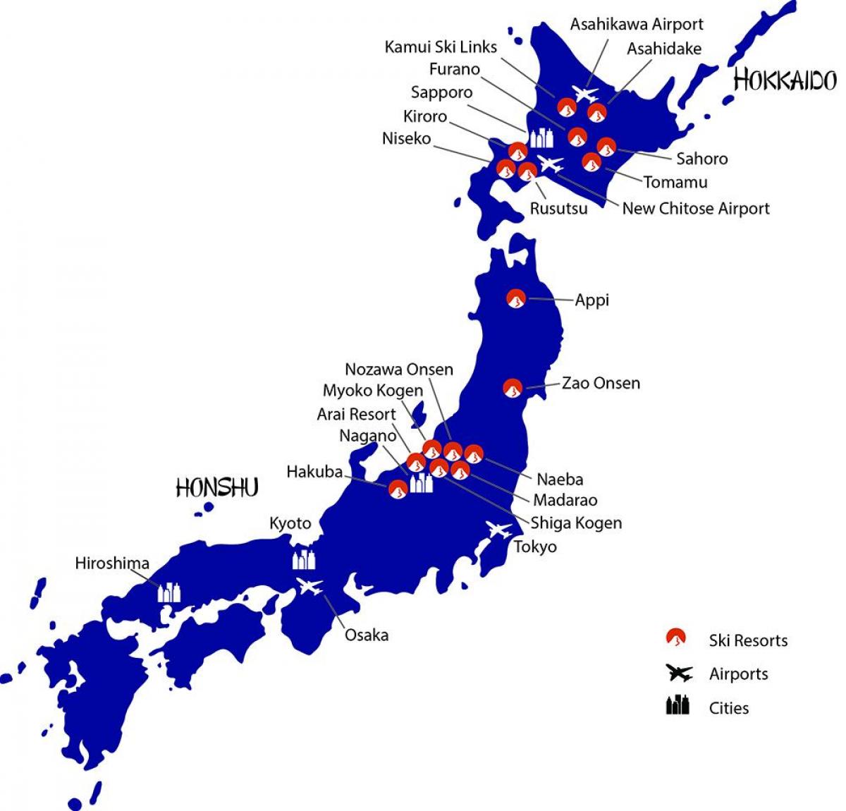mapa de japón estaciones de esquí