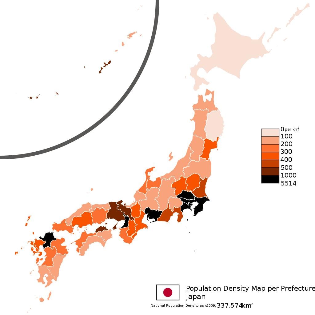 densidad de población mapa de japón