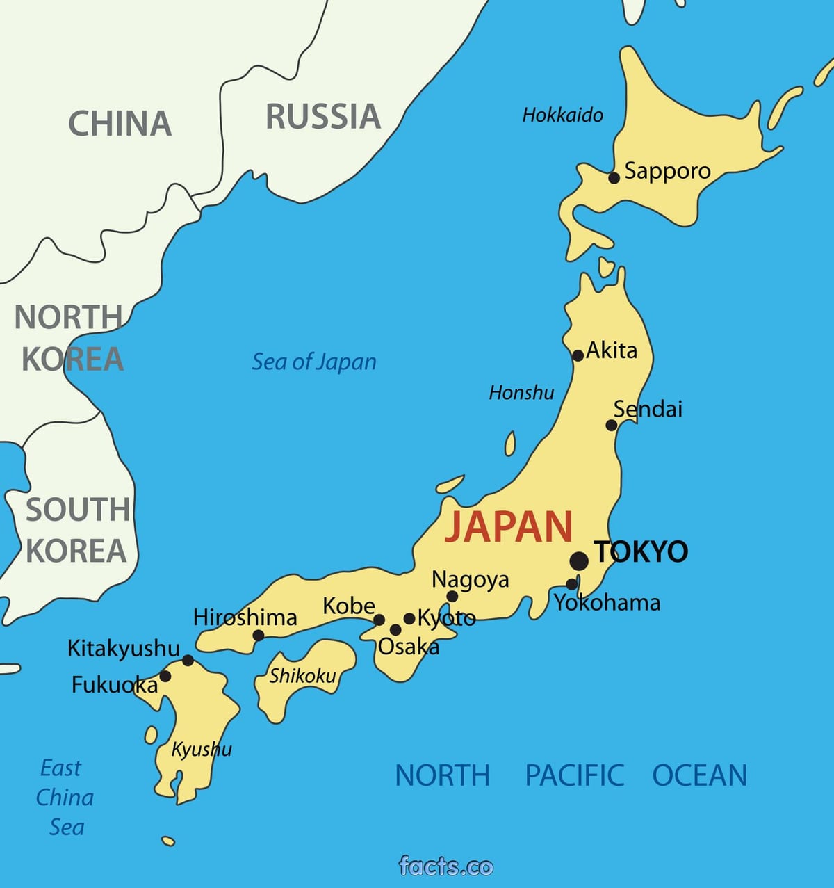 japón mapa con las principales ciudades