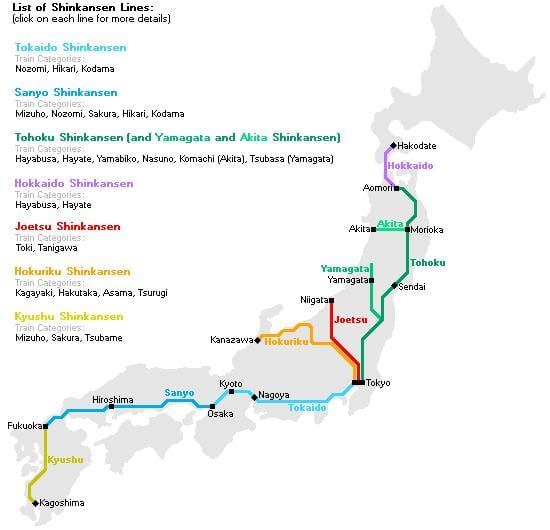 el tren bala mapa de japón